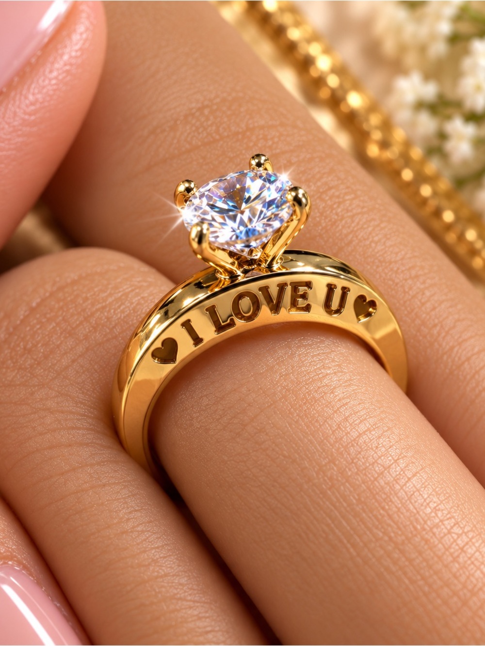 Gold Engraved Solitaire Ring with Clear Stone